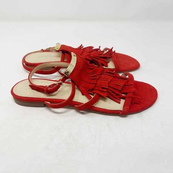 Marc Fisher 6 Red Suede Leather Charm Tiered Fringe Strappy Sandals Flat Ankle - Picture 3 of 10